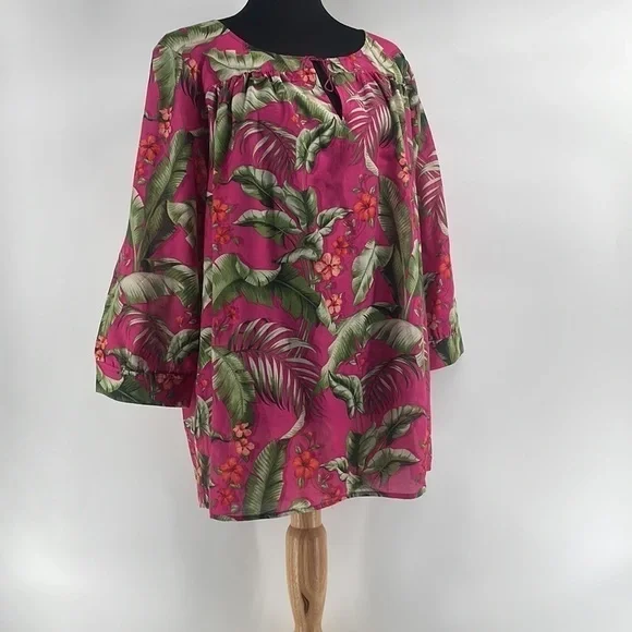 Tommy Bahama silk blend Blouse Top Pink Green Tropical Floral Vacation sz lg - Picture 9 of 11
